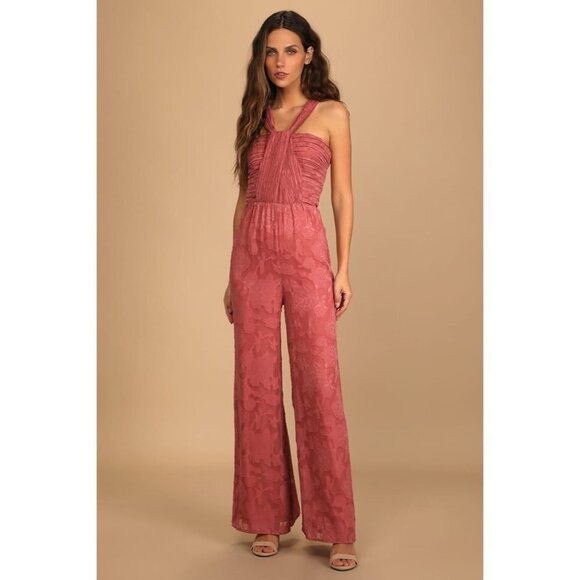 Lulus Lovely Celebration Rose Pink floral burnout, chiffon pant suit - Picture 7 of 7